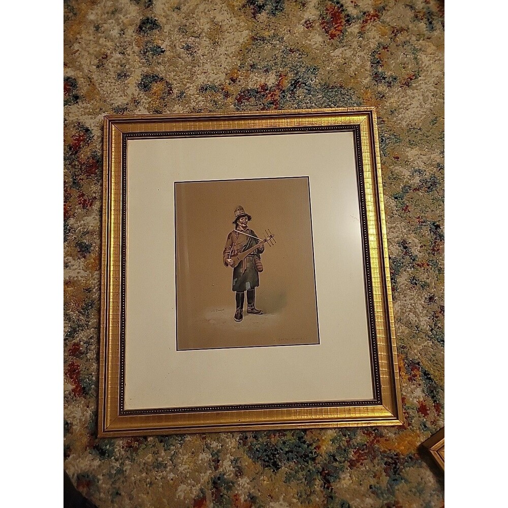 Goray Douglas "Tibetan Minstrel" G.Douglas Framed Drawing Under Glass Signed Art